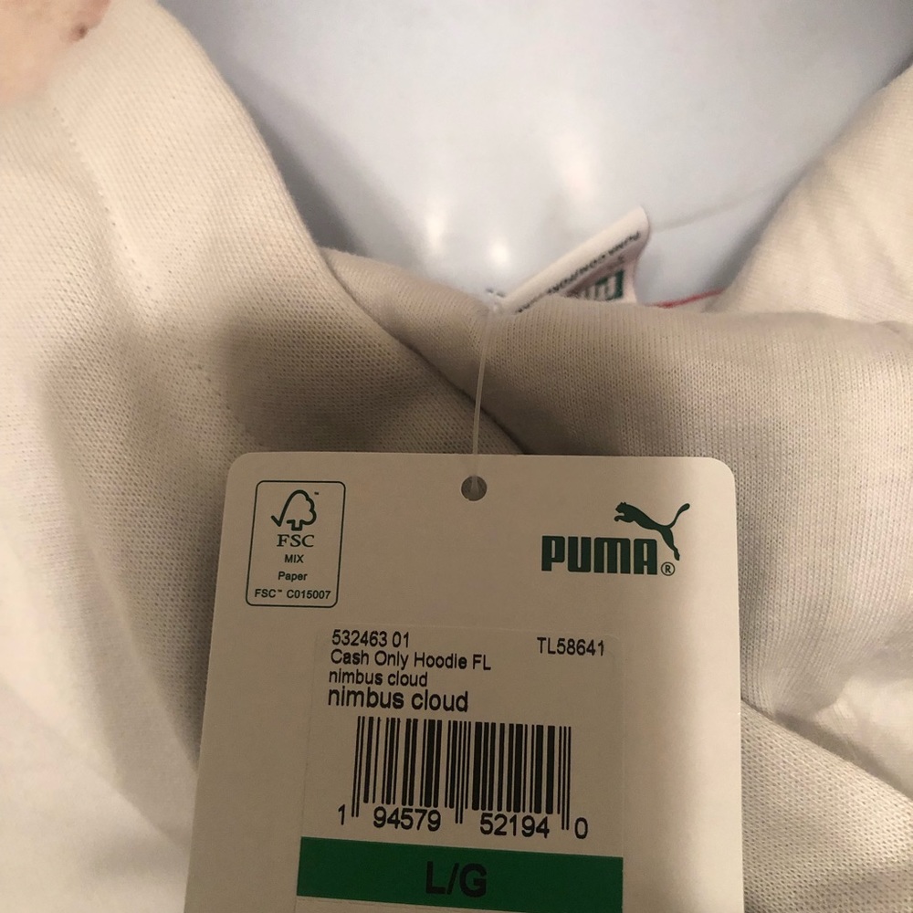 Puma Mens White Gray Nimbus Cloud Cash Only Hoodie Sweatshirt Sz Large - Picture 2 of 7